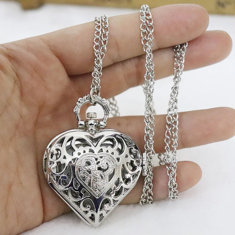 Romantic Silver Heart Shape Design Necklace Pendant Exquisite Quartz Pocket Watch FashionGift Fashion Clock For Female Ladies