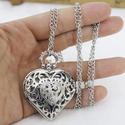 Romantic Silver Heart Shape Design Necklace Pendant Exquisite Quartz Pocket Watch FashionGift Fashion Clock For Female Ladies