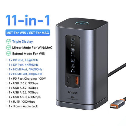 Baseus 12-in-1 USB C HUB to HDMI 4K@60Hz Dual Display USB 3.2 Adapter with RJ45 SD TF PD 100W Docking Station for Window Mac Hub
