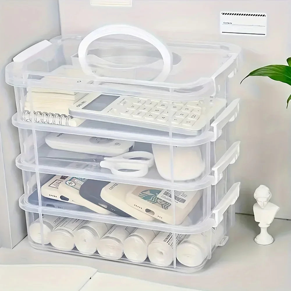 4-Layer Transparent Plastic Storage Box, Cover Partitioned Drawer Organizer, Building Block Portable Storage Case