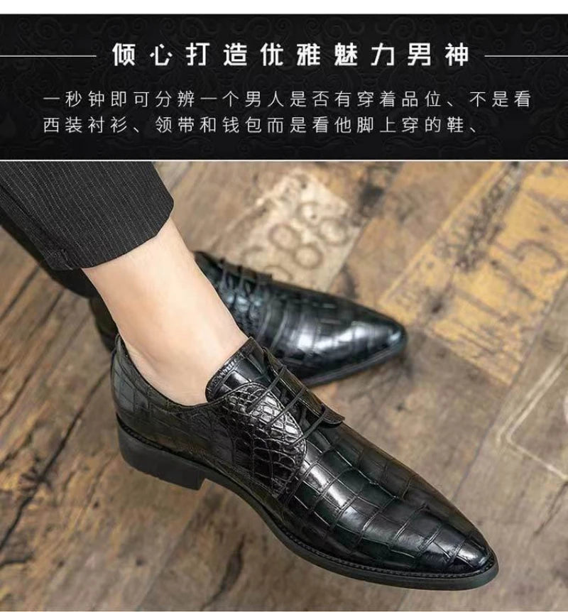 Mens Brown Crocodile Embossed Leather Dress Shoes Pointed Toe Lace Up Oxfords Formal Business Office Wedding Party Wear Comforta