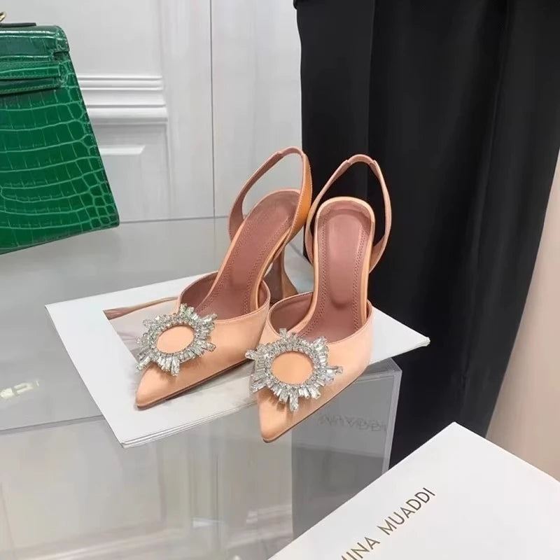 2025 European and American Women's New Silk Sunflower Crystal Diamond Buckle High Heels Horseshoe Heel Women's Sandals