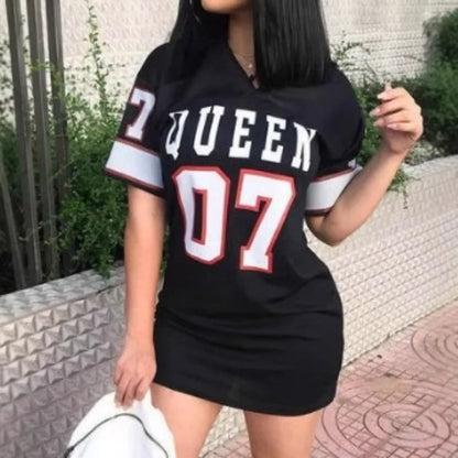 2025 New Fashion V-Neck Queen Letters Print Dress Short Sleeve Basketball Sporty Style Sexy Loose Female Clothing Streetwear