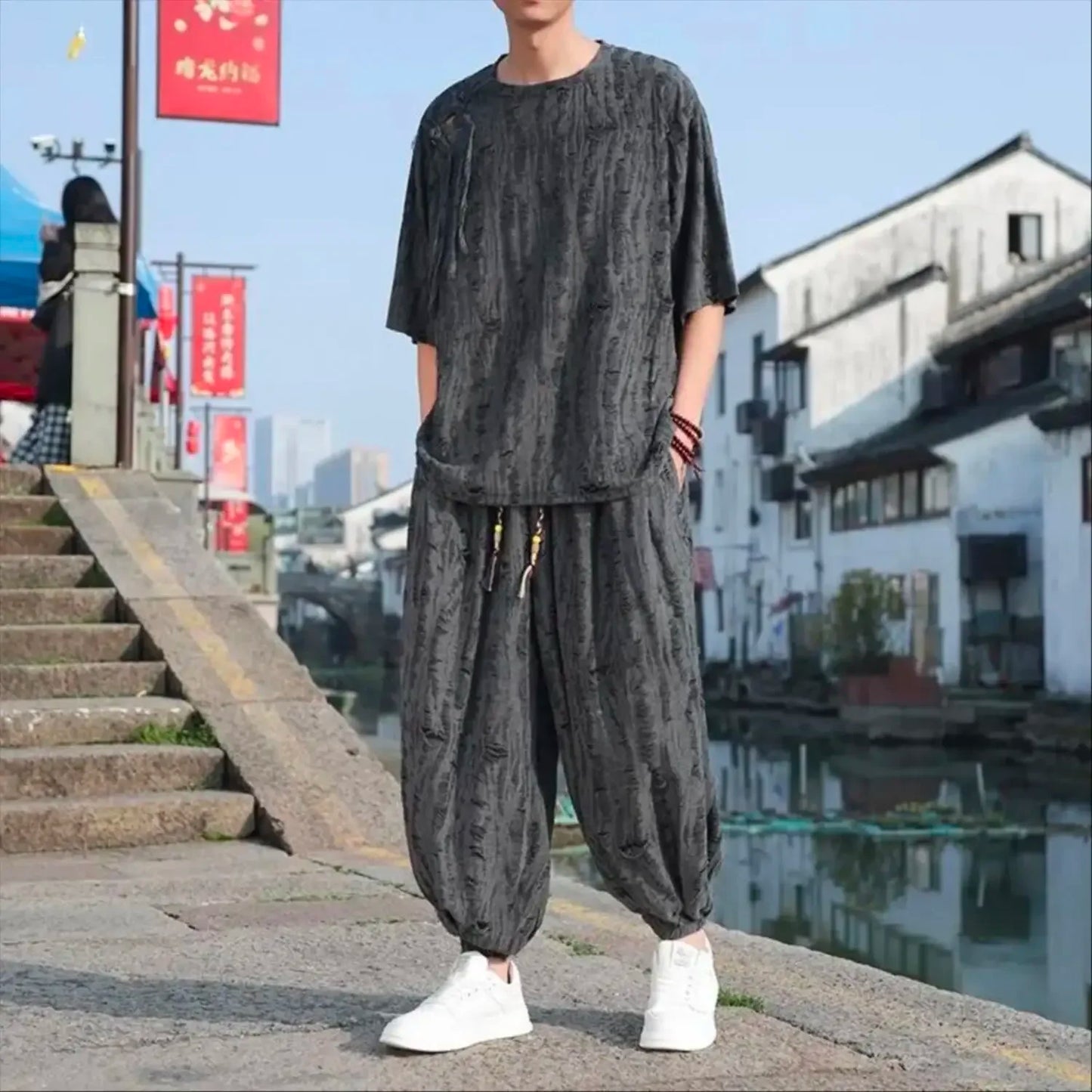 Men's Chinese Style Linen Co-ord Set Oversized Jacquard T-Shirt & Harem Pants Two Piece Outfit