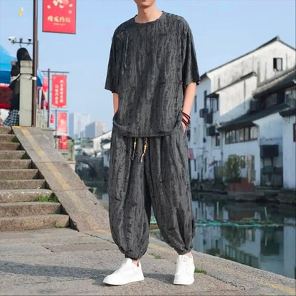 Men's Chinese Style Linen Co-ord Set Oversized Jacquard T-Shirt & Harem Pants Two Piece Outfit