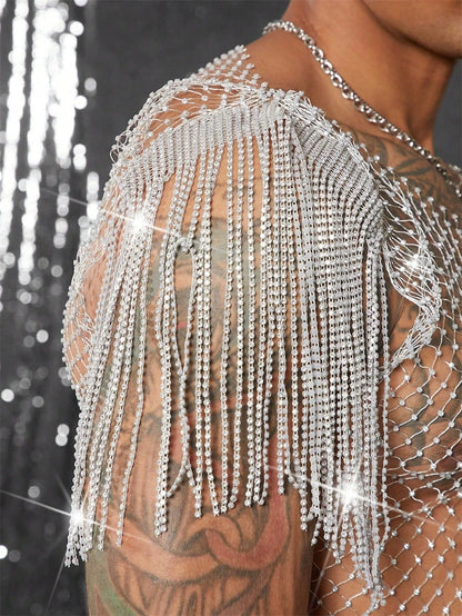 Tank Tops Shiny Rhinestone Fishnet Hollow Out Top Men Mesh See Through Tassel T-Shirt Man Party Clubwear Transparent Vest