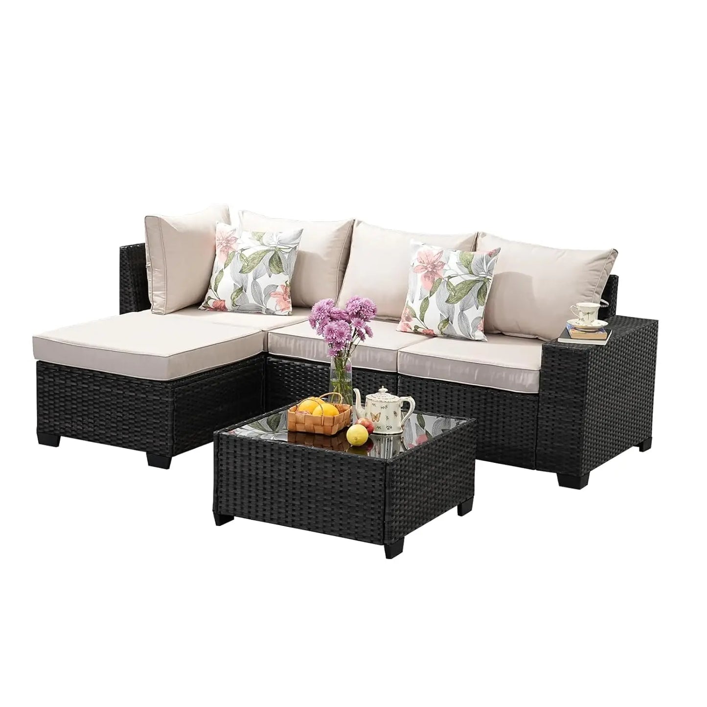 Rattan Patio Conversation Set with Cushions & Tea Table for Garden Backyard Poolside, Custom