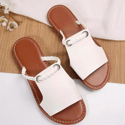 Women's Summer Comfortable Beach Slippers Fashion Braided Band Flat Sandals Woman Lightweight Soft Pu Leather Slippers Plus Size