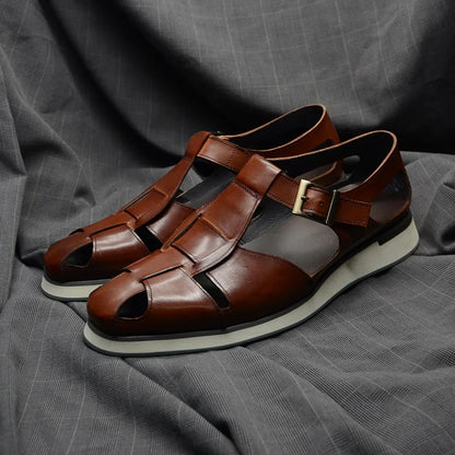 XEBOS Men's Sandals Genuine Leather Cowhide Summer Outdoor Flat Shoes Casual Sneakers Buckle Strap Black Brown Male Footwear