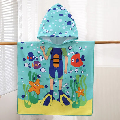 1 Pack of Cartoon Hooded Poncho Bath Towels for Children Aged 2-7, Made of Polyester Fiber with Strong Water Absorption, Cartoon-Themed Bath Towel, Suitable for Beach Trips, Bathroom Supplies
