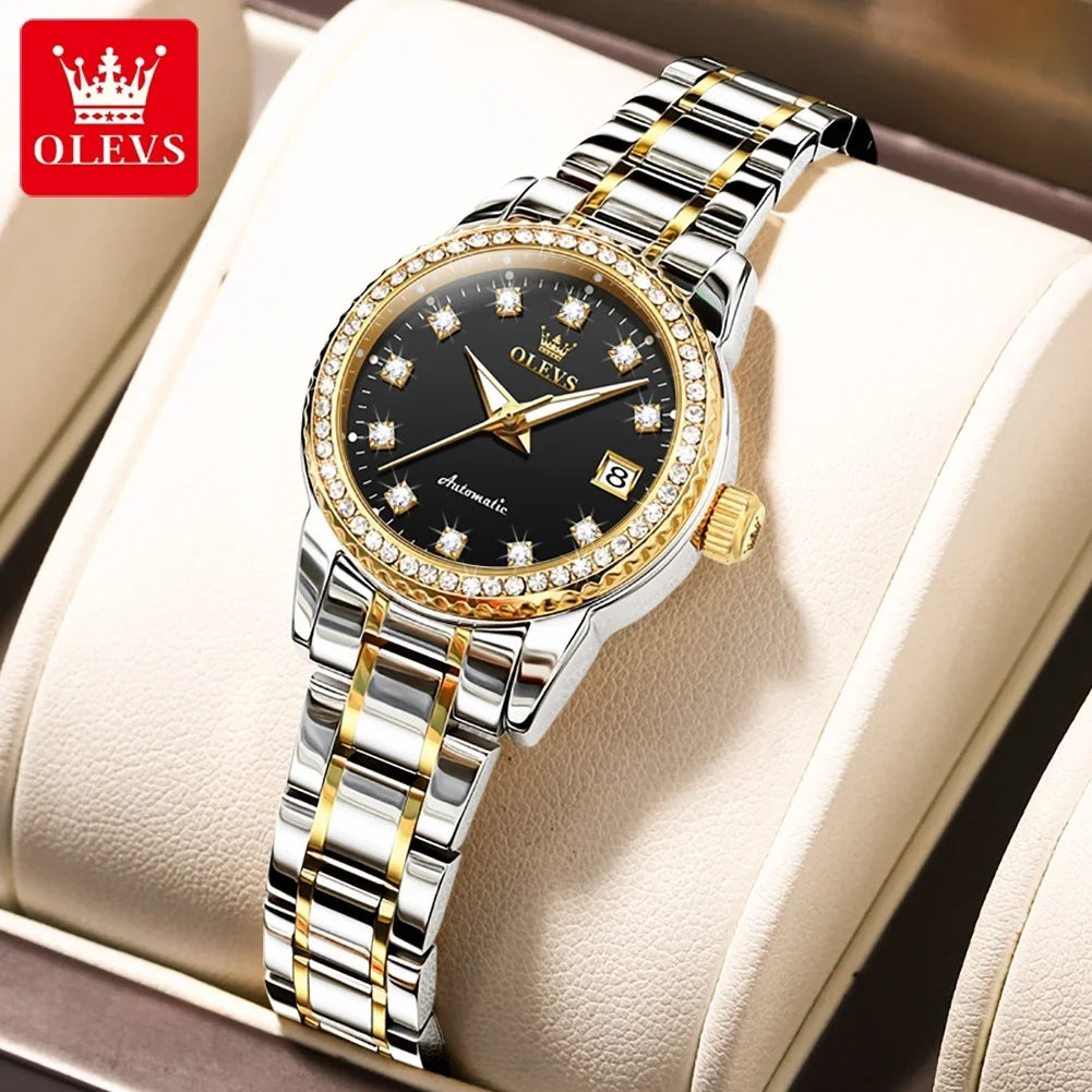 OLEVS 7003 Women Automatic Watch Waterproof Luminous Calendar Mechanical Ladies Wristwatch Steel Strap Luxury Watch Women