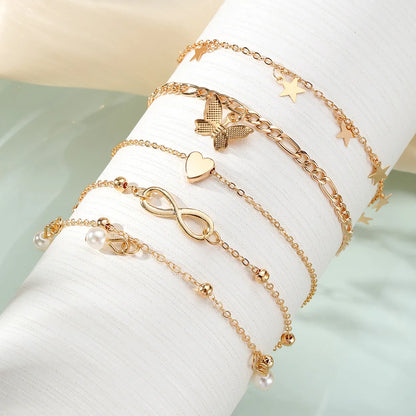 5pcs Boho Summer Beach 8 Infinite Charm Anklet Set Women Chain on Leg Pearl Butterfly Star Heart Pendant Anklet Vintage Jewelry