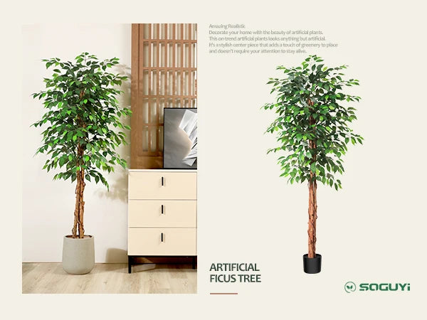 Artificial Ficus Trees with Natural Curved Trunks,  Silk Fake Ficus Tree in Plastic Nursery Pot for Office Home Decor