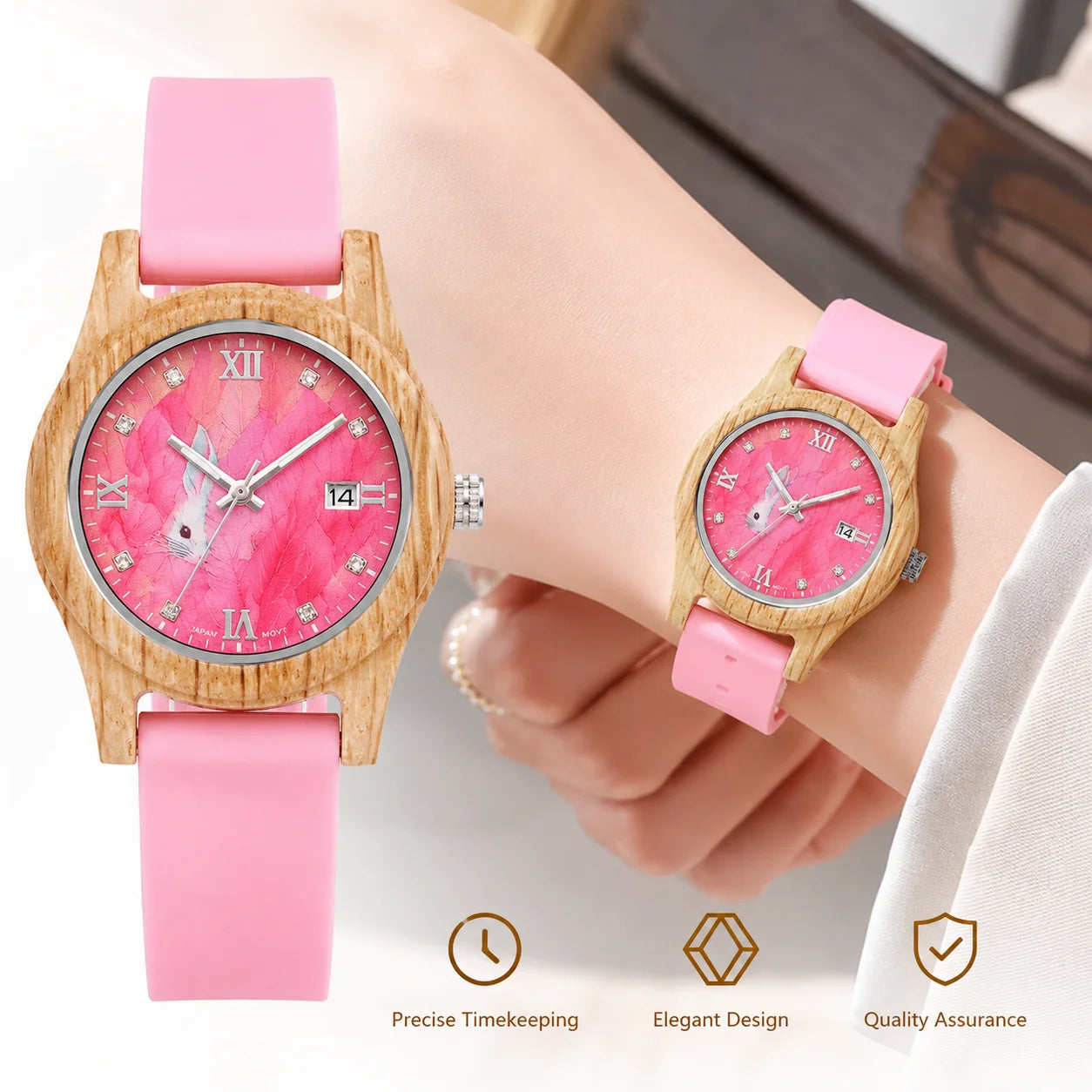 Women's Pink Wooden Watch Luxury Fashion Wristwatch Gift for Girls Elegant Quartz Watch with Silicone Strap Support Dropship