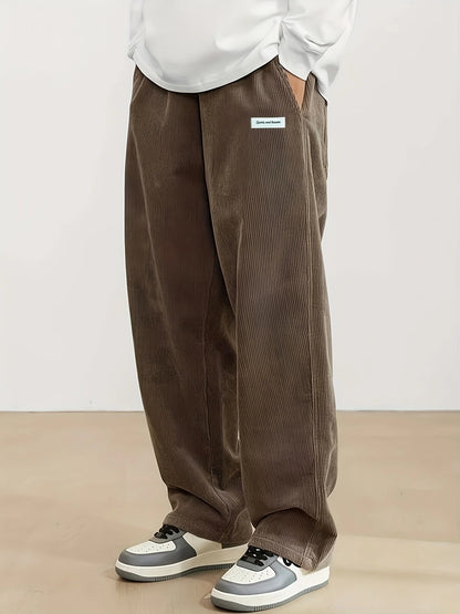 Autumn Mens Corduroy Casual Pants Fashion Loose Fit Pants Straight Sweatpants Elastic Waist Drawstring Outdoor Streetwear