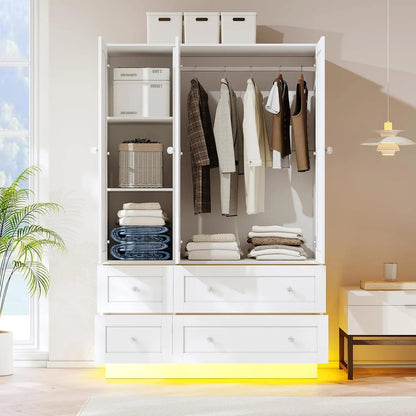 3 Doors Wardrobe Mirror 4 Drawers LED Light Large Capacity Bedroom Storage Cabinet, Custom