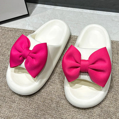 Fashion Bow Tie Slippers for Women Outdoor Thick Soft Sole Slippers Non Slip Slides Sweet Girls Beach Open Toe Shoes