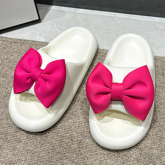 Fashion Bow Tie Slippers for Women Outdoor Thick Soft Sole Slippers Non Slip Slides Sweet Girls Beach Open Toe Shoes