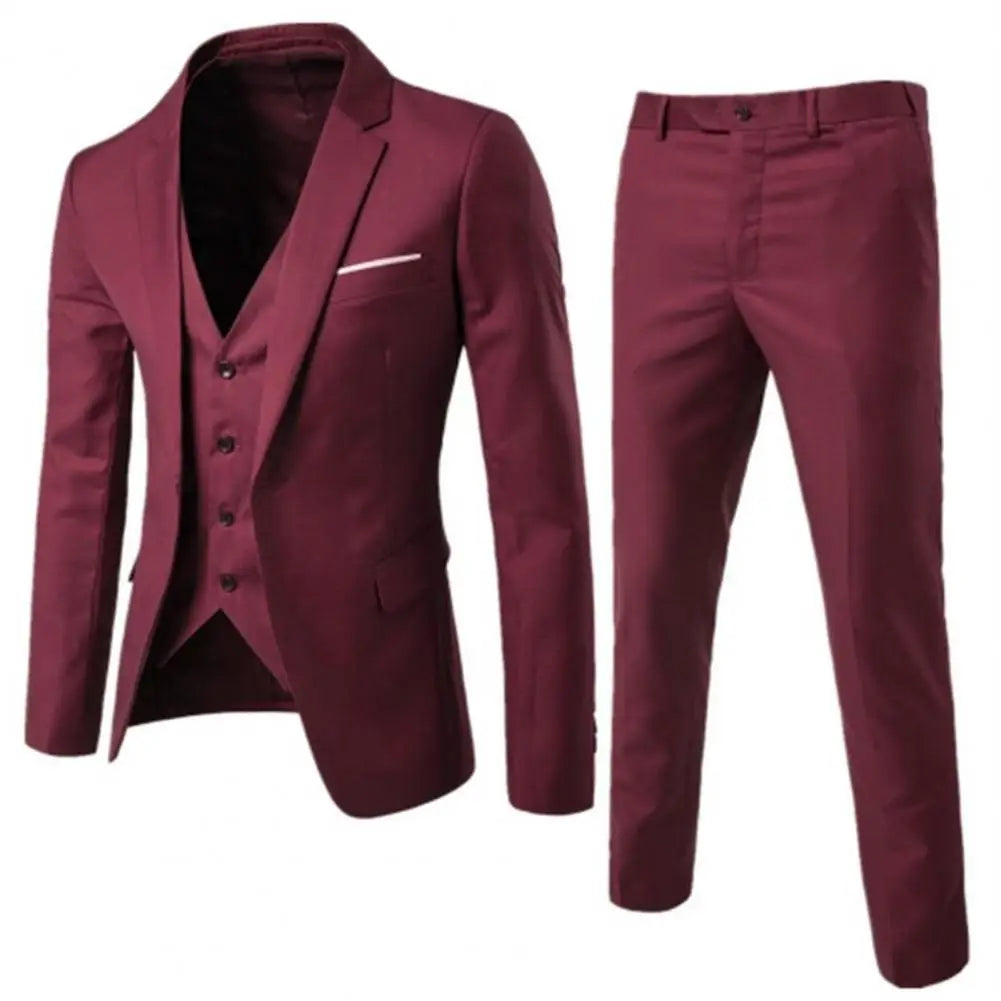 Men Three piece Suit Formal Business Suit Pants Set Solid Color Slim Fit Turn down Collar Anti wrinkle Groom Wedding Suit