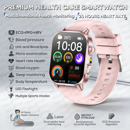 New Professional Health Watch Blood Pressure 2.01"AMOLED Screen Uric Acid Blood Lipids Flashlight Care Smart Watches for Women