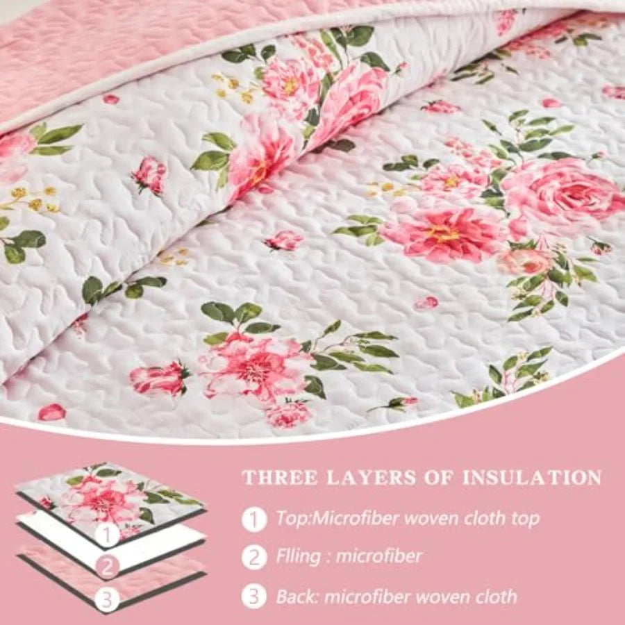 Floral Quilt Set 3 Pieces Queen Size White Pink Flower Soft Microfiber Lightweight Summer Reversible Coverlet Bedspread for All