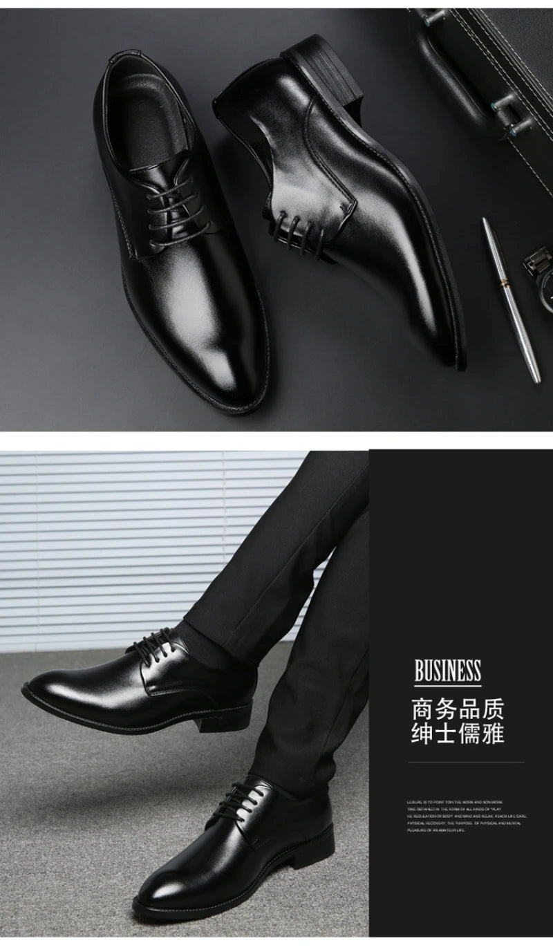 Mens Breathable Leather Dress Shoes Formal Business Footwear Pointed Toe Lace Up Flat Sole Groom Wedding Shoes Simple Leisure
