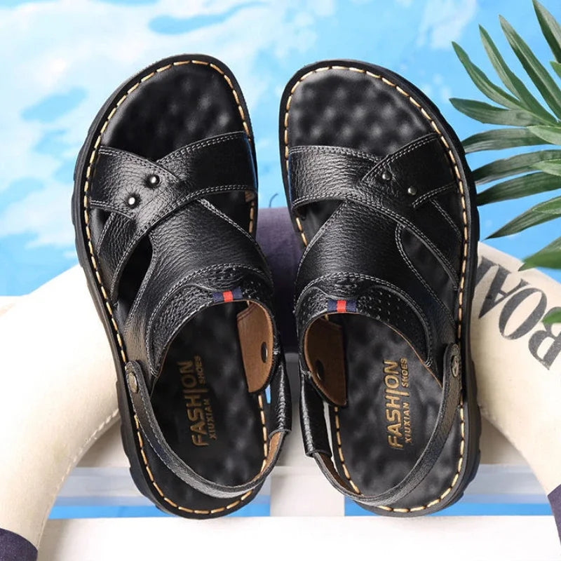Summer New Men's Leather Sandals, Leather Anti Slip Men's Shoes Slippers, Outdoor Thick Soled Beach Shoes Men's Shoes Sandals