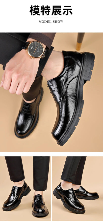 Mens Black Genuine Leather Wrinkled Lace Up Chunky Sole Formal Business Oxfords Casual Daily Wear Dress Shoes Stylish And Simple