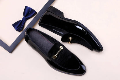Mens Formal Navy Blue Velvet Patent Leather Loafers With Gold Horsebit Accent Flat Heel Comfortable Non Slip Breathable Business