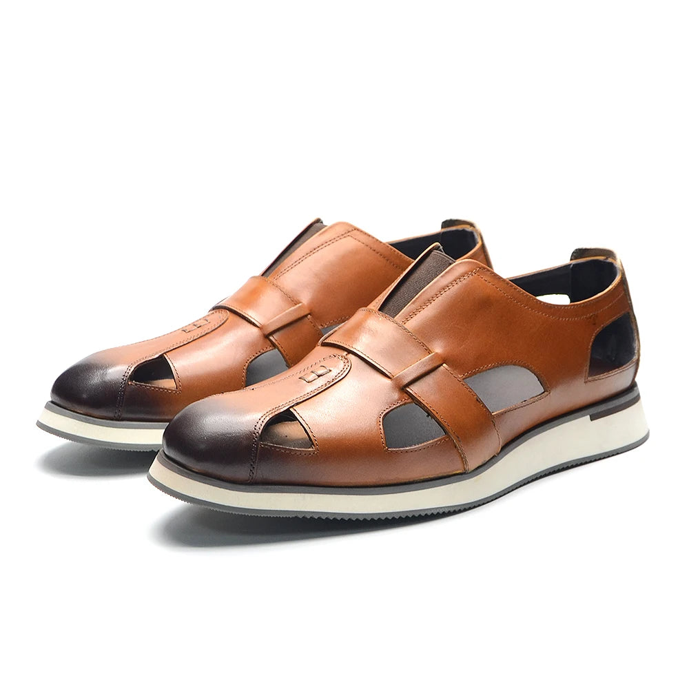 Classic Arabic Style Mens Sandals Genuine Cow Leather Slip-On Hollow Out Casual Business Party Dress Shoes for Men Flat Footwear