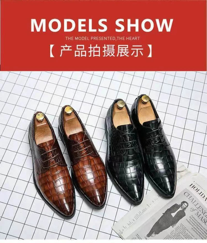 Mens Brown Crocodile Embossed Leather Dress Shoes Pointed Toe Lace Up Oxfords Formal Business Office Wedding Party Wear Comforta