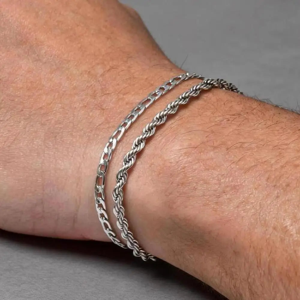 2pcs Men's Chain Bracelets,Silver Color Stainless Steel Rope Twisted Adjustable Chain Wristband,Simple Jewelry Gift for Dad Him