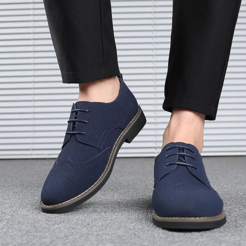 Mens Navy Blue Suede Wingtip Derby Shoes Classic Lace Up Formal Casual Dress Shoes For Business Wedding Office Wear British