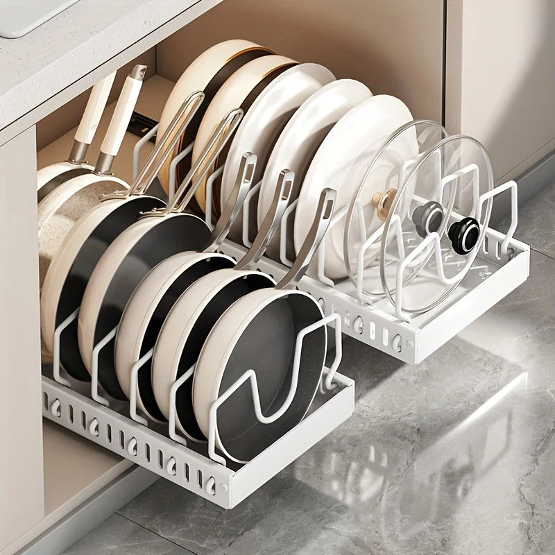Pull-out Cookware Frying Pan Storage Rack with 8 Adjustable Dividers Pot Lid Holder Under Cabinet Kitchen Organizer