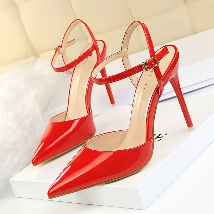 Women High Heels Sandals Metallic Gray Patent Leather Stripper Ankle Strap Wedding Nightclub Pointed Toe Party Valentine 86-1