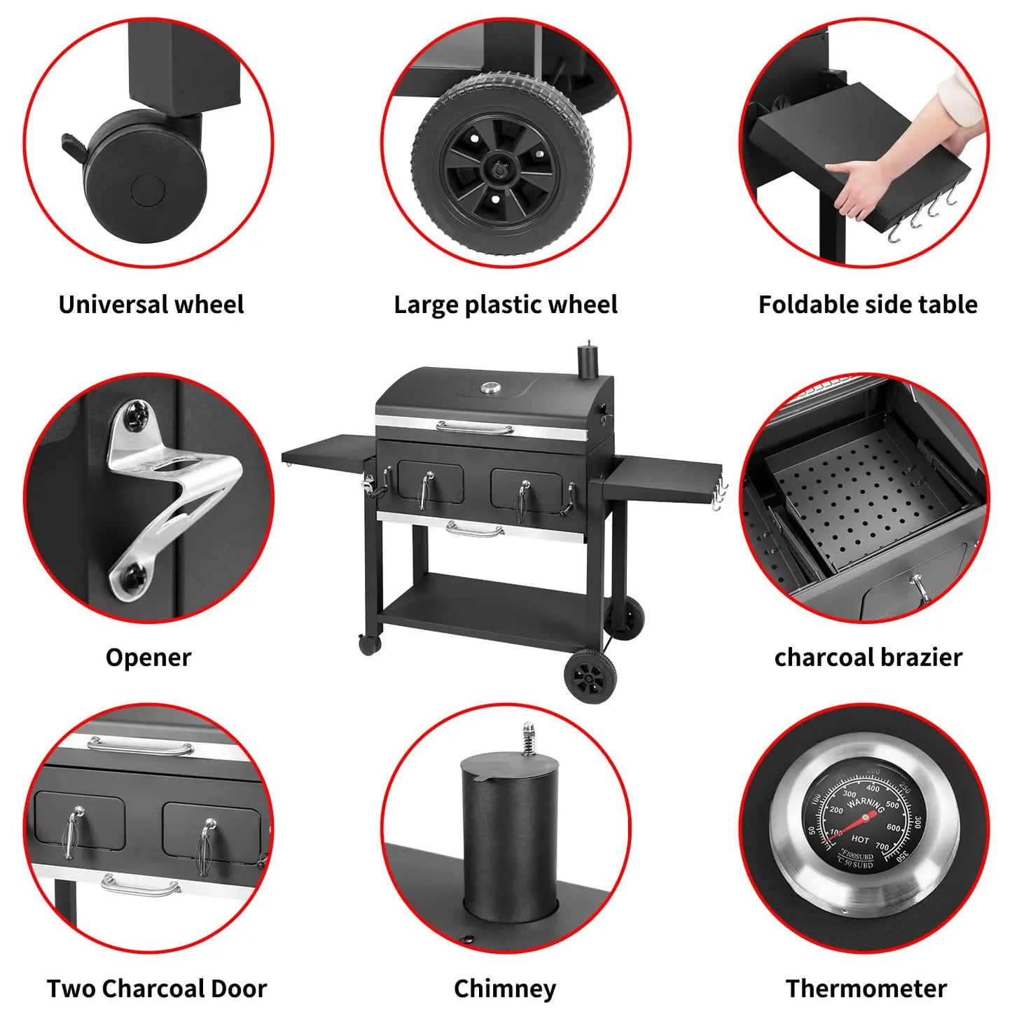 Extra Large Charcoal Grill 794sq.in Adjustable Dual Tray Foldable Side Tables Outdoor Backyard BBQ, Custom