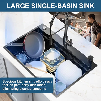 33in Gunmetal Black Waterfall Kitchen Sink Pull Out Faucet Combo Single Bowl Stainless Steel Workstation Accessories, Custom
