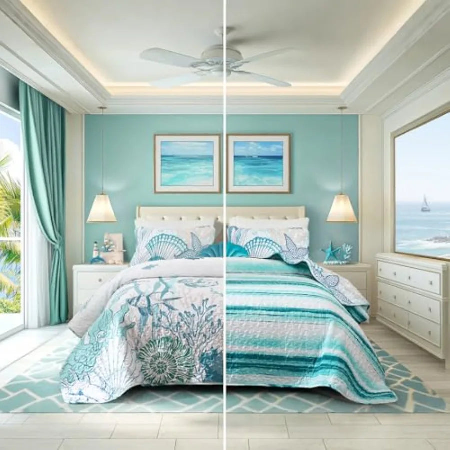 Coastal Quilts Bedding Set Size, Summer Green Fish Coral Nautical Bedding Quilt Set with Pillow Cases, Ocean Beach Reversible B