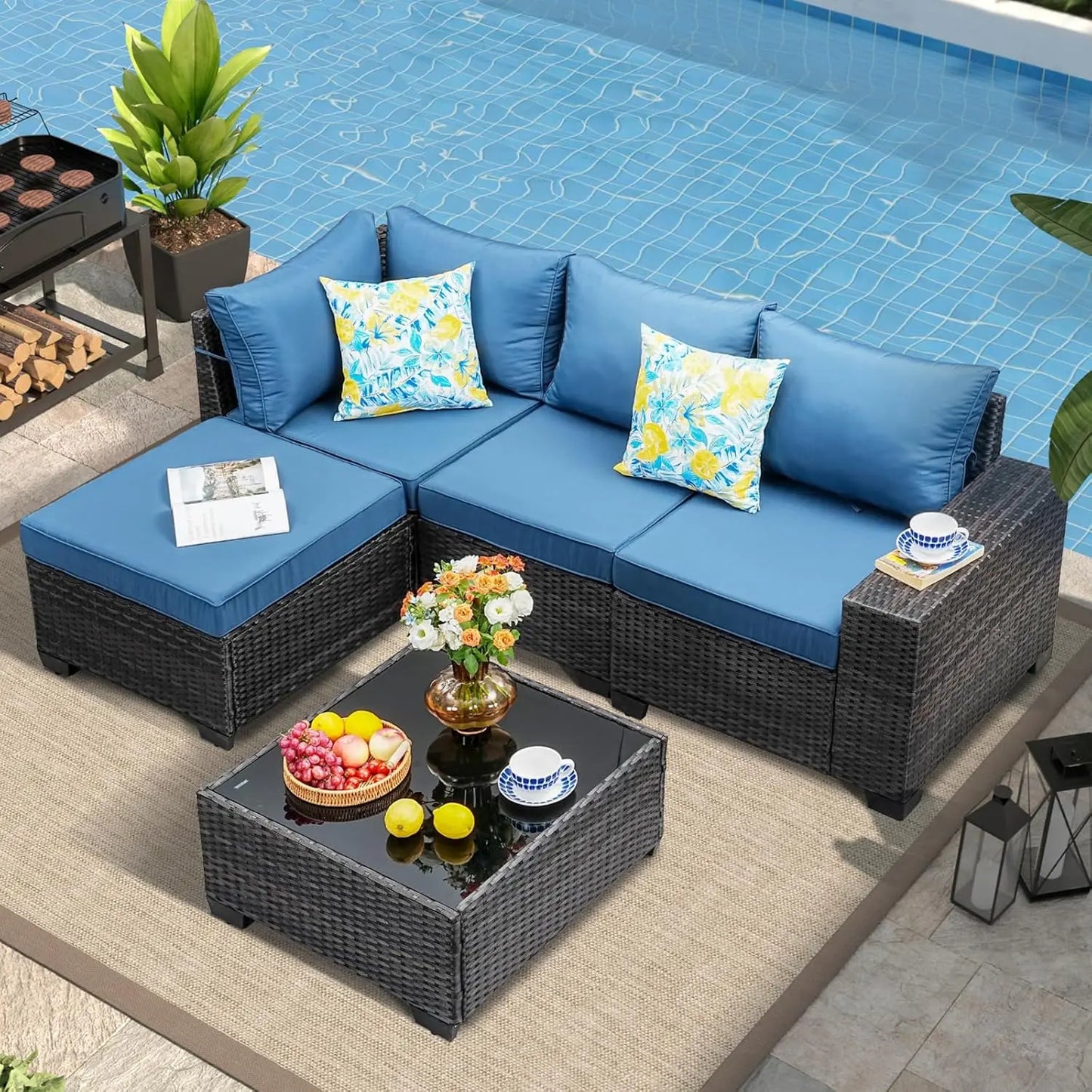 Rattan Patio Conversation Set with Cushions & Tea Table for Garden Backyard Poolside, Custom