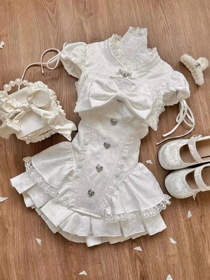 Summer Sweet Preppy Style 2 Piece Sets Women Y2k Kawaii Lolita Design Tops + High Waist Chic Skirt Female Princess Retro Outfits