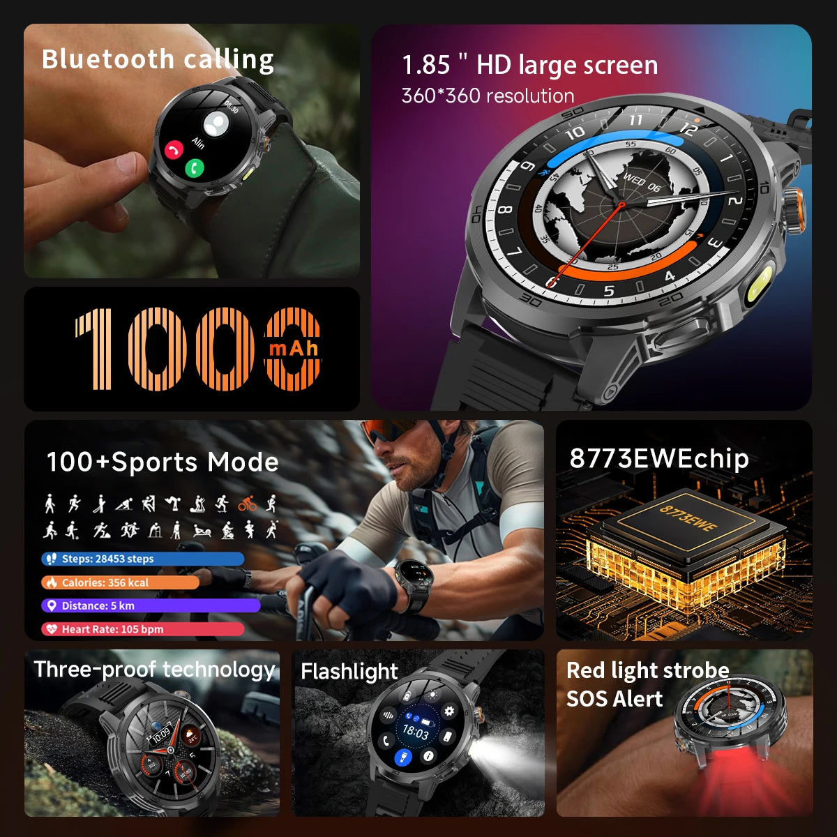 2026 New  Outdoor Smart Watch 1.85inch AMOLED 1000mAh Large Battery 5ATM Waterproof Voice Call Sports Men Fitness Bracelet
