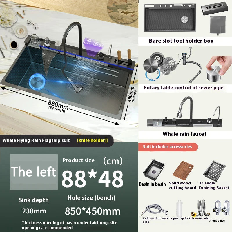 Various Waterfall kitchen Sink  Stainless Steel Multifunctional Large Single Slot Digital Display Sinks