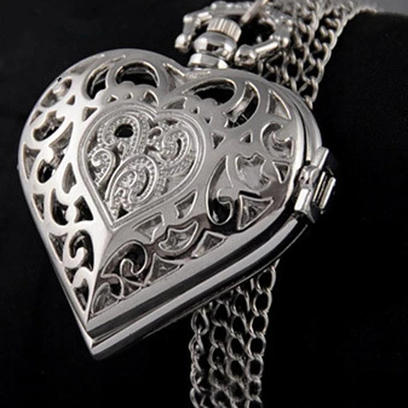 Romantic Silver Heart Shape Design Necklace Pendant Exquisite Quartz Pocket Watch FashionGift Fashion Clock For Female Ladies