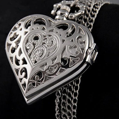 Romantic Silver Heart Shape Design Necklace Pendant Exquisite Quartz Pocket Watch FashionGift Fashion Clock For Female Ladies