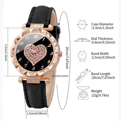 3PCS Women Watches Set Fashion Rhinestone Heart Dial Quartz Watch Female Leather Strap Wristwatch Reloj Mujer（Without Box）