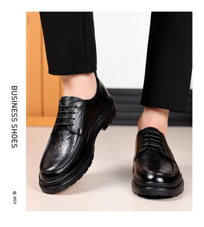 Mens Black Wrinkled Leather Apron Toe Lace Up Dress Shoes Thick Lug Sole Chunky Formal Business Office Work Daily Wear Shoes