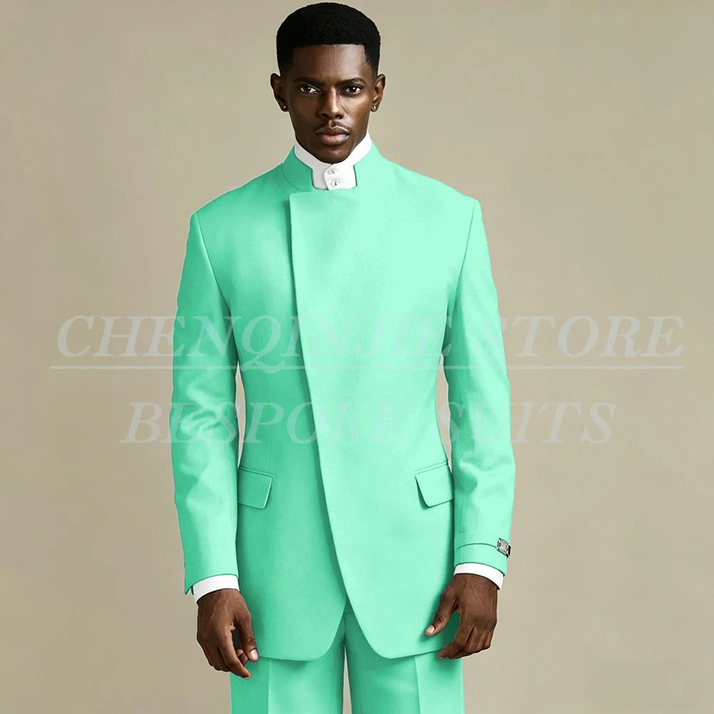 Elegant Black Men's Suits 2 Piece Jacket Pants Outfits Formal Single Breasted Stand Lapel Skinny Clothing Costume Homme