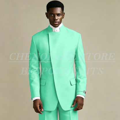 Elegant Black Men's Suits 2 Piece Jacket Pants Outfits Formal Single Breasted Stand Lapel Skinny Clothing Costume Homme