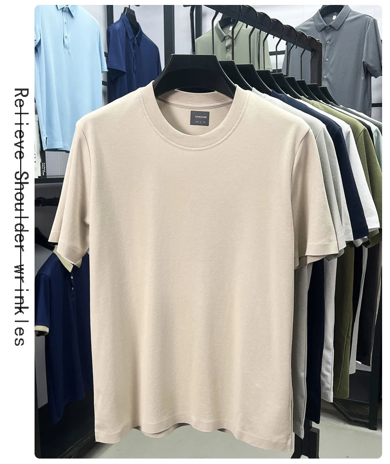 High quality luxury short sleeve T-shirt summer breathable cool silk cotton fashion solid color round neck top casual men's wear