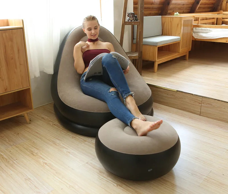OTAUTAU Inflatable Lounger with Footstool Ottoman Chaise Lounge Recliner Outdoor Portable Camping Couch Garden Chair Pouf SF029